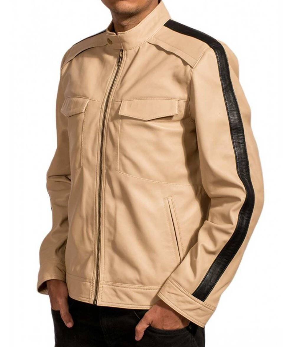 Men's beige cafe racer jacket showcasing the side pockets and open hem cuffs.