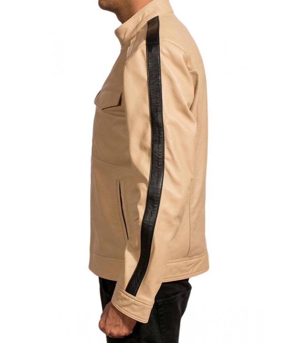 Men's beige cafe racer jacket with a YKK zipper closure and ribbed cuffs.