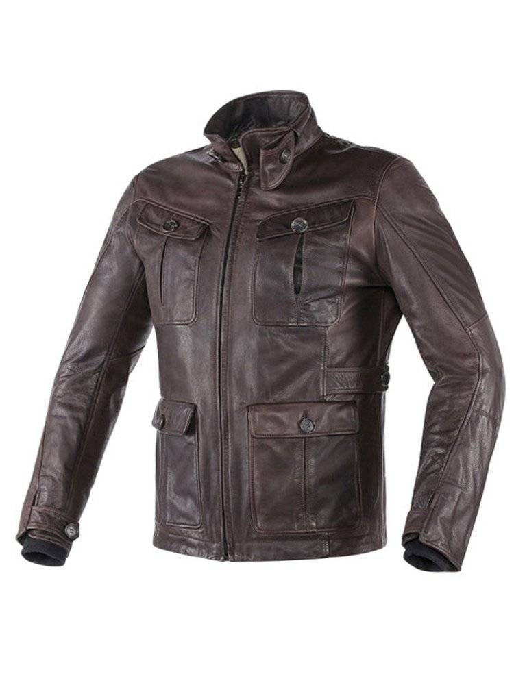 Men's biker Harrison adventure leather jacket with a stand-up collar and YKK zipper closure.