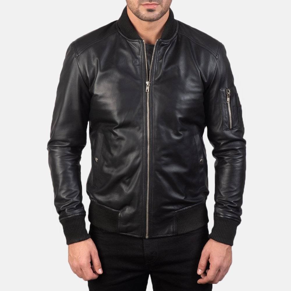 Model Wearing Mens Black Biker Bomber Jacket - Front