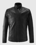 Men's Black Cafe Racer Jacket with padded shoulders, front, and back.