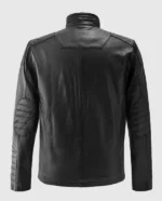 Back view of a men's black cafe racer leather jacket with padded details and a YKK zipper closure.