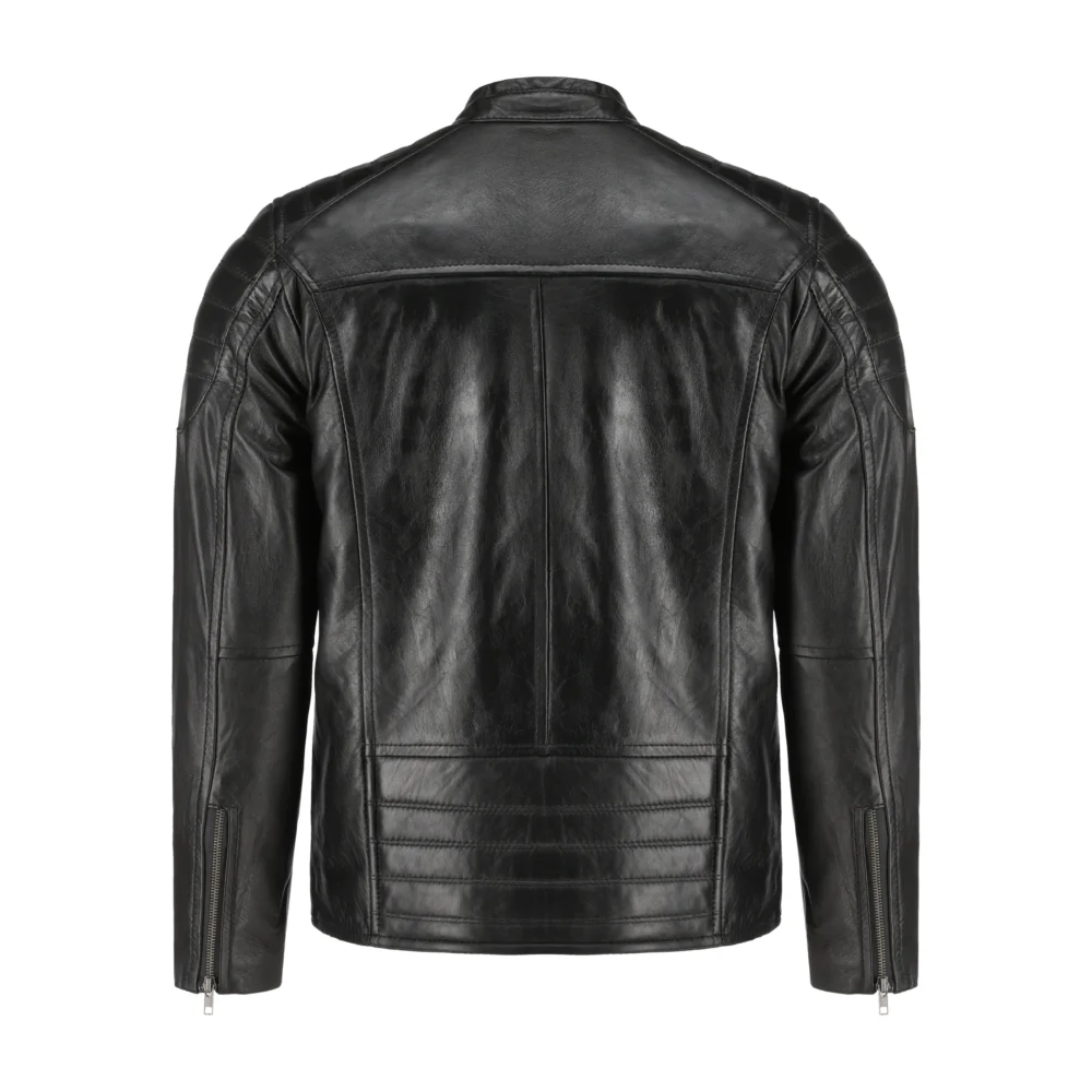 Back view of men's black lambskin biker leather jacket