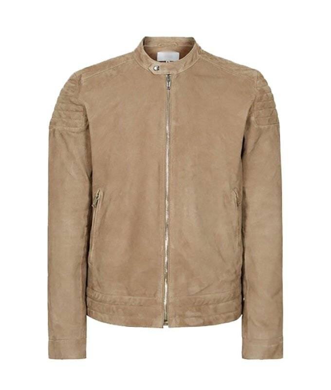 Men's camel brown suede café racer jacket with a snap-tab collar and YKK zipper closure.