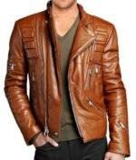 Model WearingMens Brown Slim fit Biker Jacket - Front