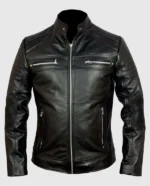 Men's cafe racer vintage retro black leather jacket with padded shoulders and silver zippers.