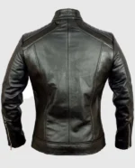 Back view of a men's cafe racer vintage retro black leather jacket with padded shoulders and silver zippers.