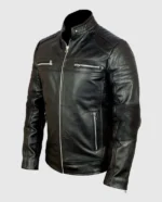 Right side view of a men's cafe racer vintage retro black leather jacket with silver zippers and pockets.