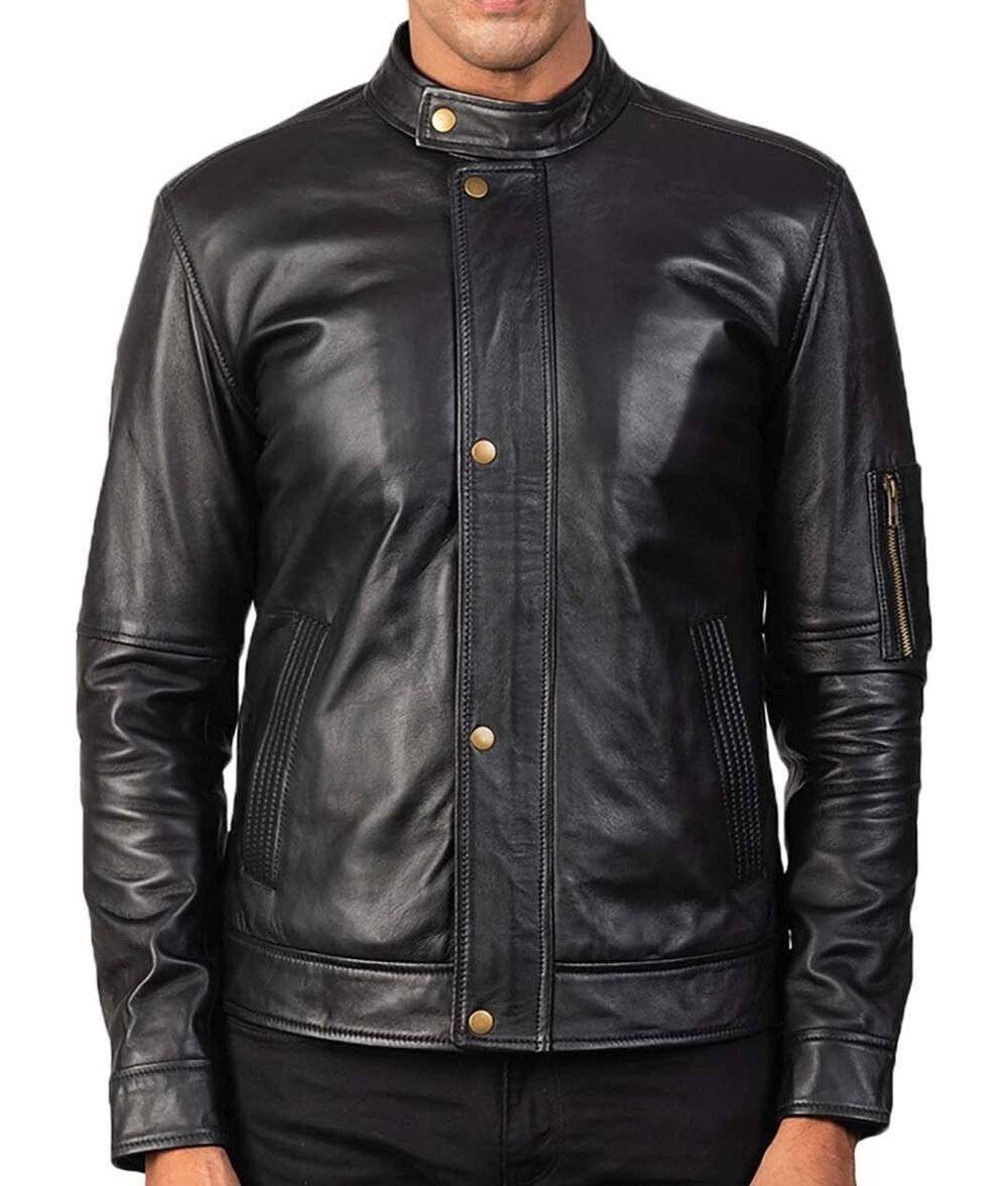 Men's Hank Cafe Racer jacket in black leather with a snap-tab collar and zipper closure.