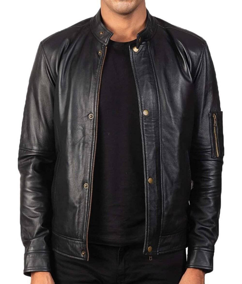 Men's Hank Cafe Racer jacket with the zipper open, revealing the snap-tab collar and ribbed cuffs.