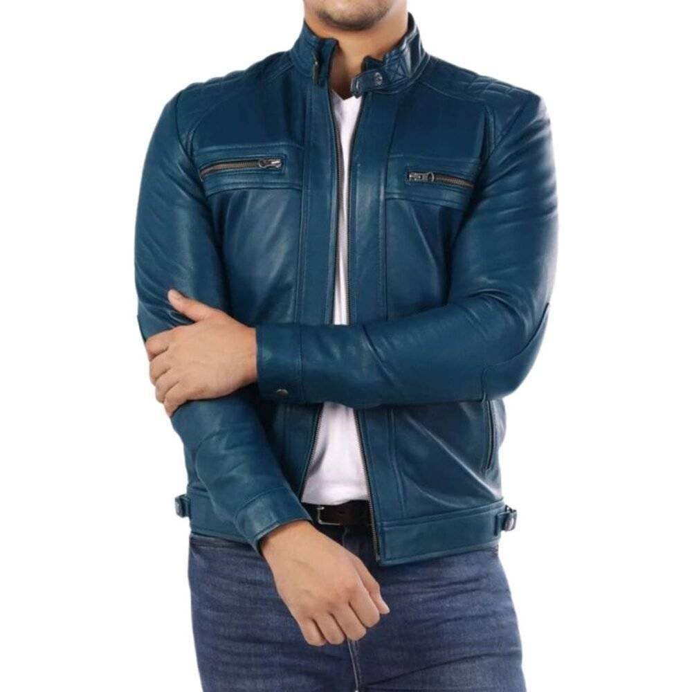 Men's Hayden blue biker jacket with open zipper, quilted shoulders, and zipped chest pockets.