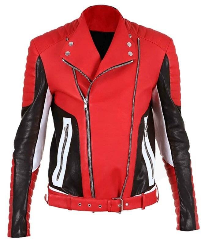 Men's red leather jacket with black padded detailing and a round neck.