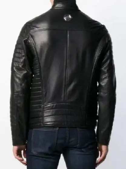 Mens Padded Sleeves Biker Leather Jacket Back