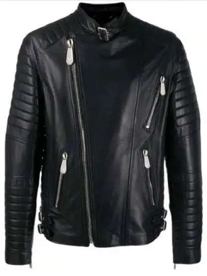 Mens Padded Sleeves Biker Leather Jacket Front