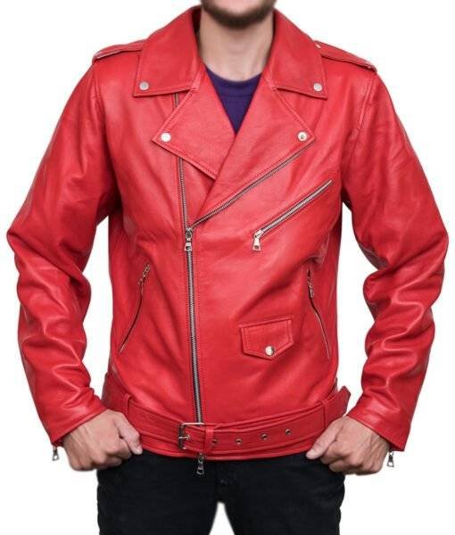 Model Wearing Mens Red Leather Bikers Jacket - Front