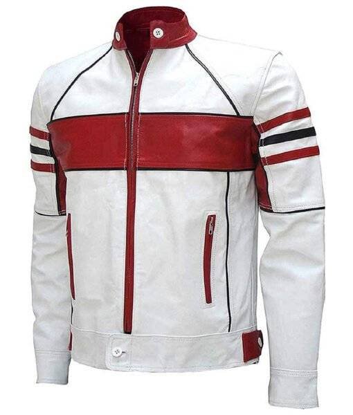 Front view of Mens Red & White Cafe Racer Jacket