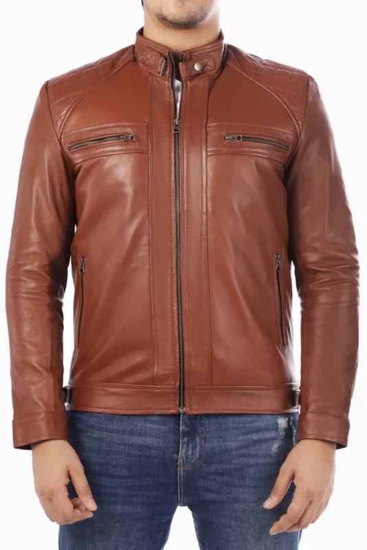 Model wearing mens signature lambskin leather jacket front view