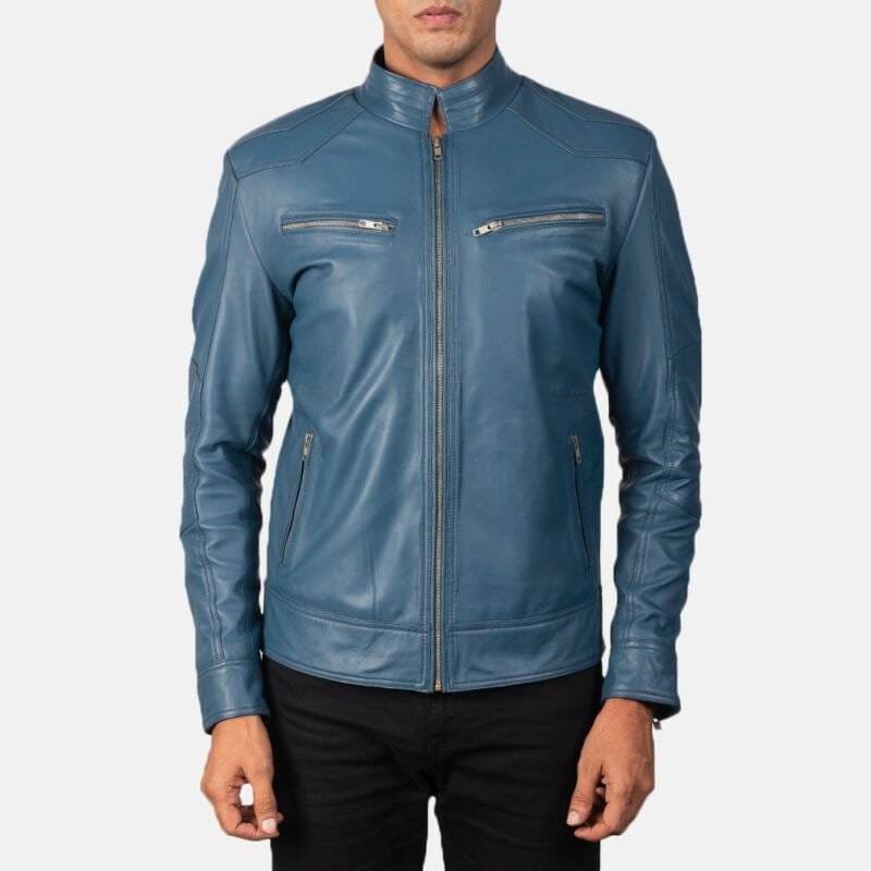 Men's skinny slim cafe racer jacket in blue with a snap-tab collar and YKK zipper closure.