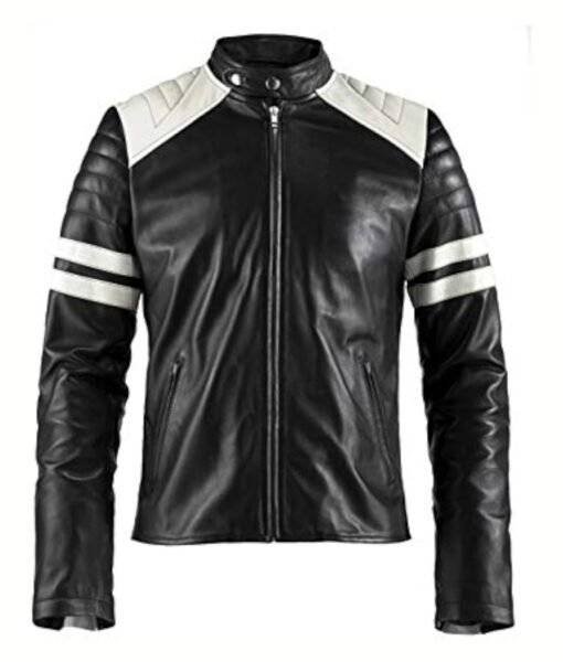 Front view of MMens White Striped Black Bikers Jacket