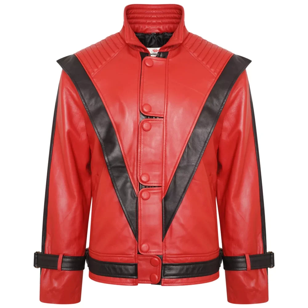 Michael Jackson Thriller red and black leather jacket with iconic red stripes.