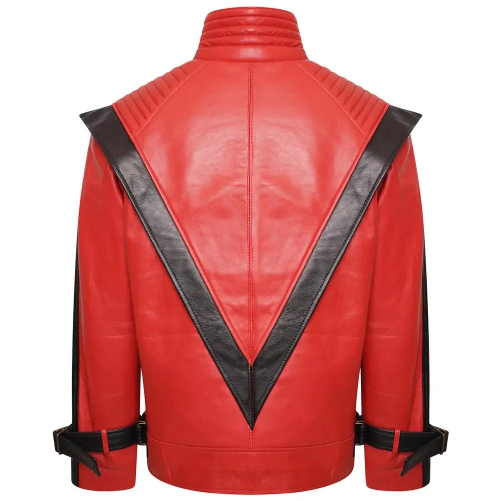 Back view of the Michael Jackson Thriller red and black leather jacket, showcasing the iconic red stripes.