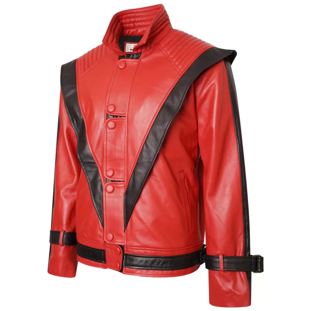 Left side view of the Michael Jackson Thriller red and black leather jacket, highlighting the red stripes and zipper closure.