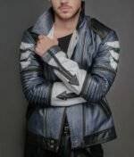 Model Wearing Mike Blue Mens Leather Metallic Jacket- Front