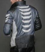 Model Wearing Mike Blue Mens Leather Metallic Jacket- Back