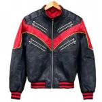 Miles Morales Spider Man Biker Leather Jacket with a stand-up collar and front zipper.