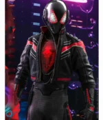 Miles Morales, the Spider-Man character, wearing the iconic biker leather jacket from the movie.