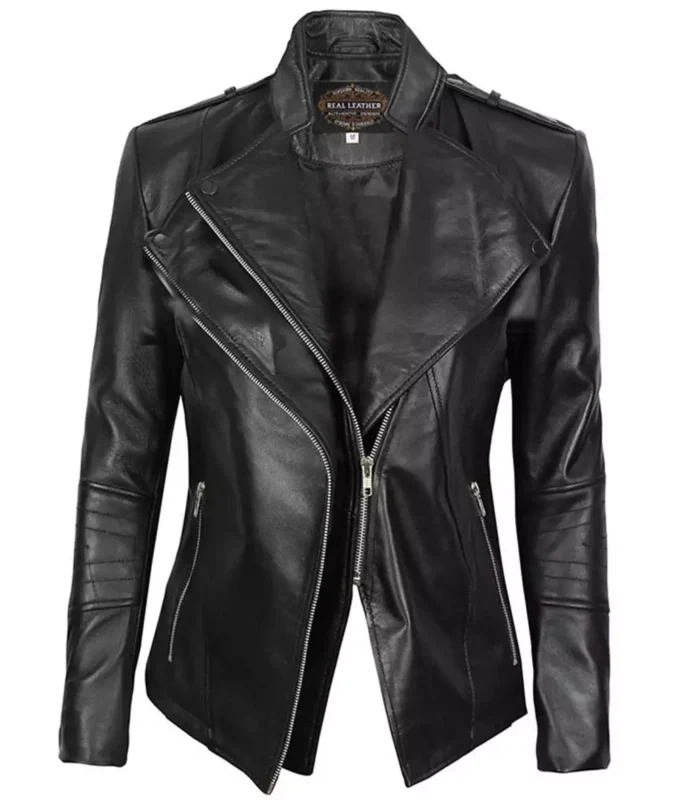Front view of Monica womens black leather moto jacket