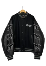 Death Note wool/leather black varsity jacket with ribbed collar, cuffs, and waistband.