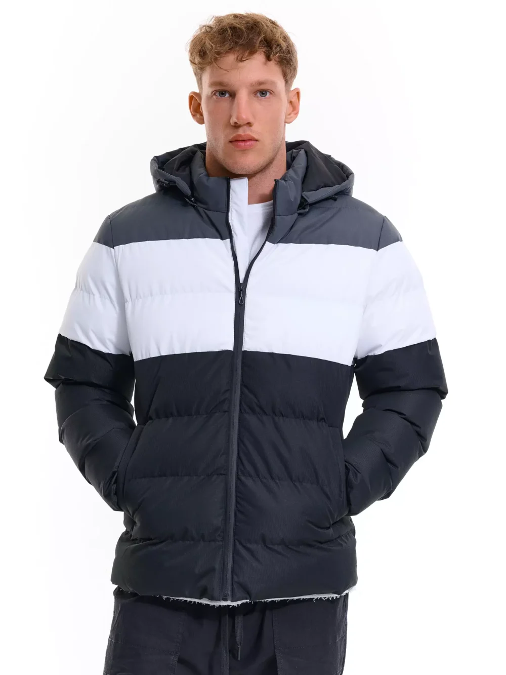 Black colour blocked padded jacket front view