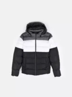 Close-up of black colour blocked padded jacket material