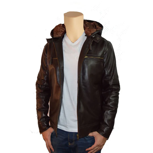 Front view of plain dark brown leather jacket with hoodie