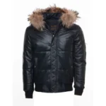 Front view of Puffer Leather Jacket and fur trim hoodie