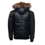 Back view of puffer leather jacket with fur trim hoodie