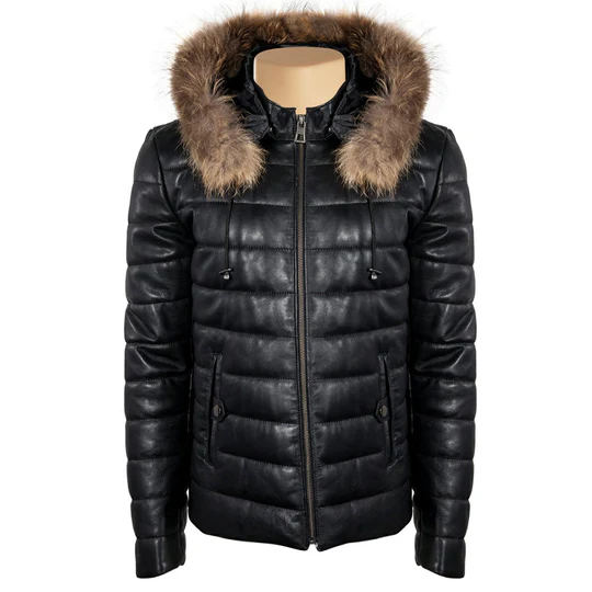 Front view of puffer leather jacket with fur hoodie