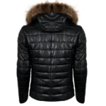 Back view of puffer leather jacket with fur hoodie