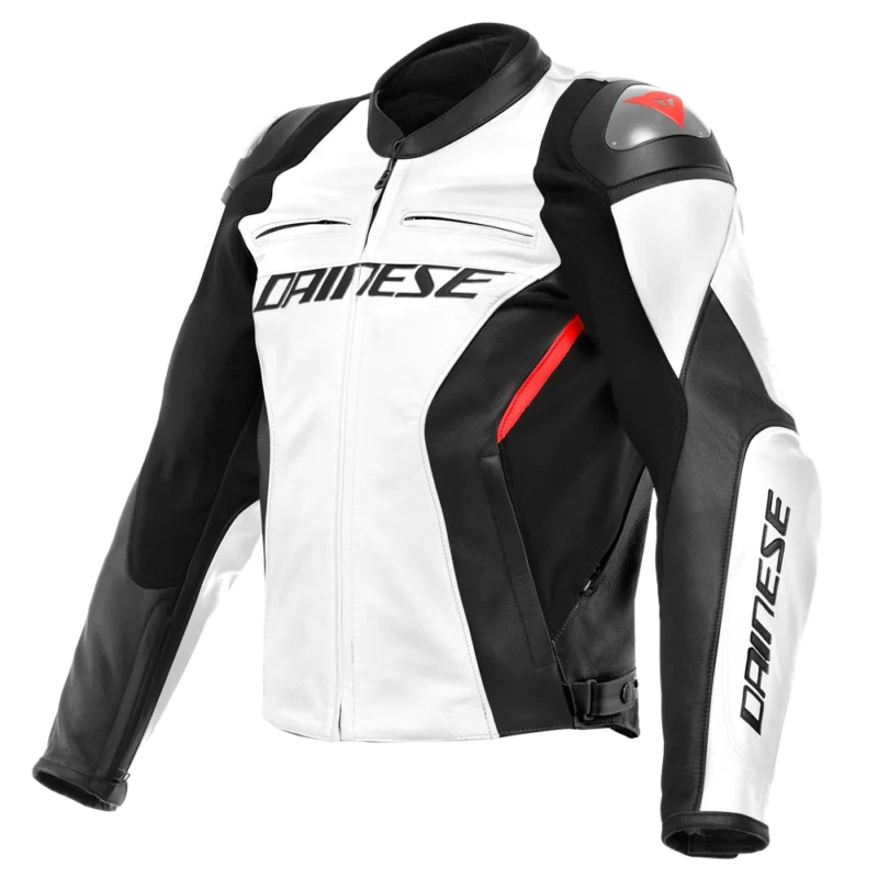 Model wearing Racing 4 leather jacket front view