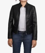 Model wearing Rachel womens black cafe racer leather jacket front view