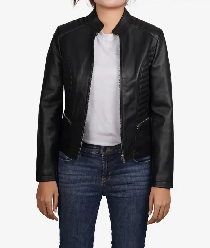 Model wearing Rachel womens black cafe racer leather jacket front view
