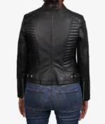 Model wearing Rachel women's black cafe racer leather jacket back view