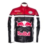 Red Bull leather jacket with a black and red design, featuring a zipper closure and erect collar.