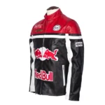 Left side view of the Red Bull leather jacket, highlighting the zipper cuffs and Red Bull logo.