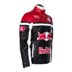 Right side view of the Red Bull leather jacket, showcasing the zipper closure and Red Bull logo.