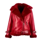 Front view of Red Sheepskin Shearling Bomber Jacket