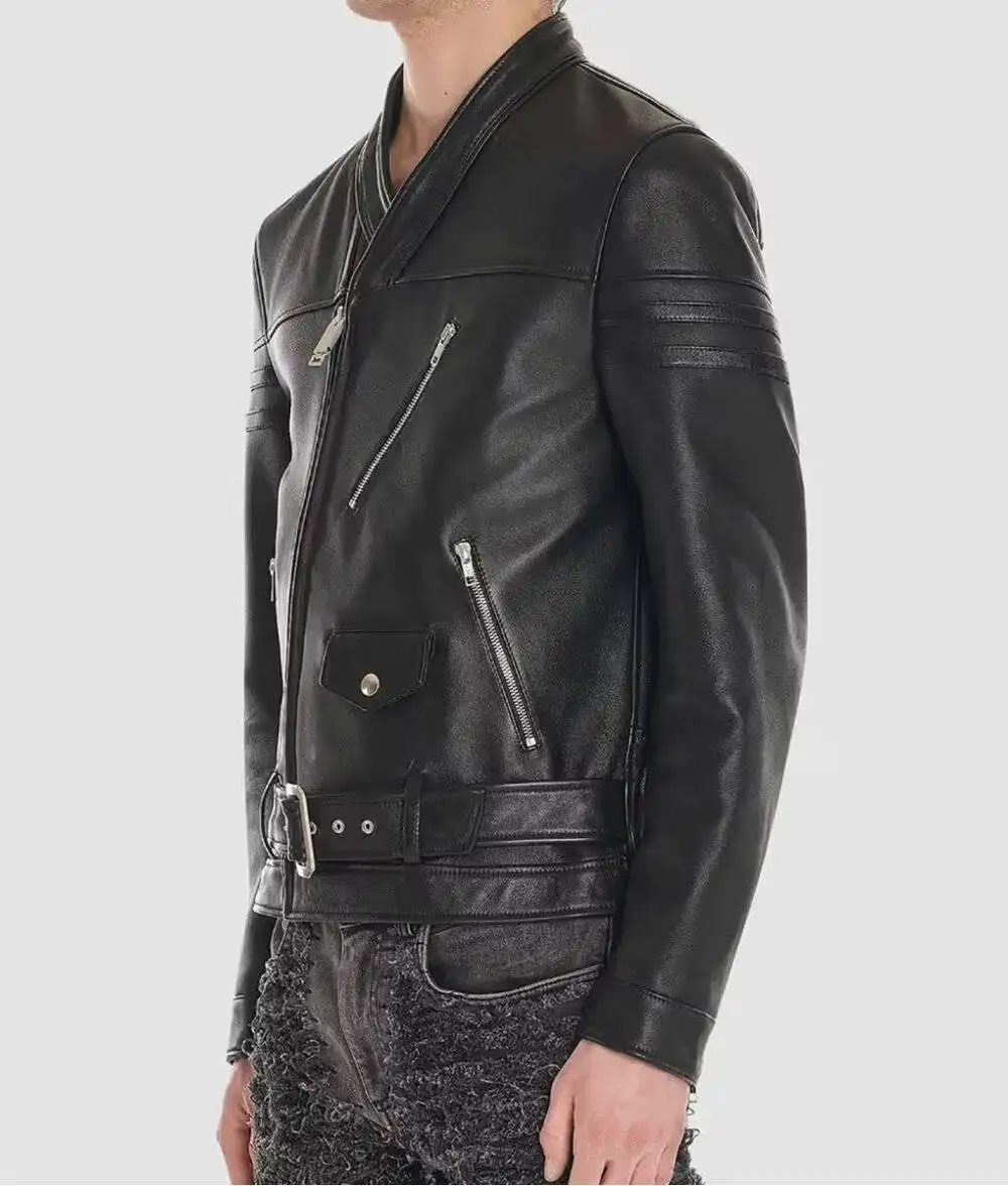 Left side view of the Ricardo Slim Cafer Racer Jacket, highlighting the zippered pockets and V-neck design.