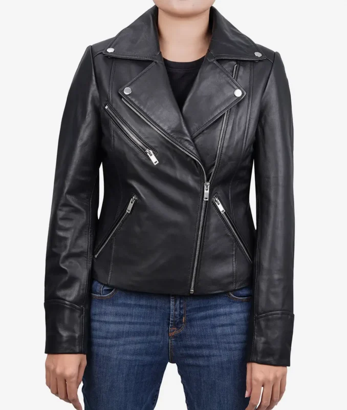 Model wearing Rita womens black leather moto jacket front view