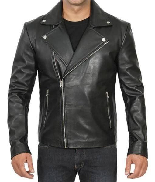 Model Wearing Rodney Mens Black Leather Biker Jacket- Front